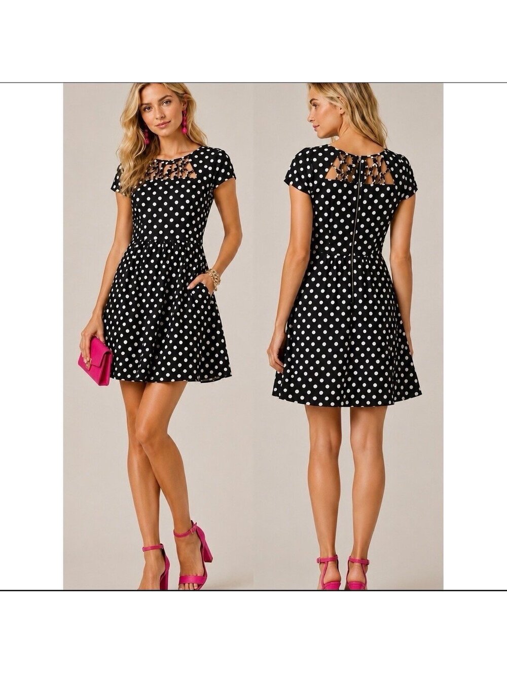 Anthropologie Maeve Nicola Polka Dot Cut Out Cap Sleeve Fit and Flare Dress Sz 2